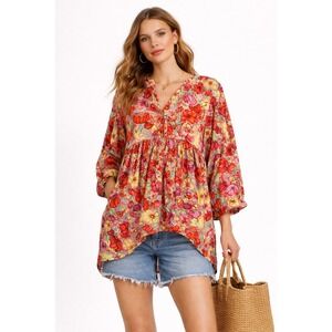 VICI Red Floral Babydoll Top Medium 3/4 Balloon Sleeve Empire Waist Size M